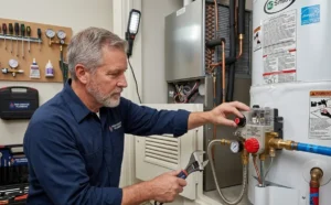 Technician performing water maintenance on a residential water heater system using tools and control valves.