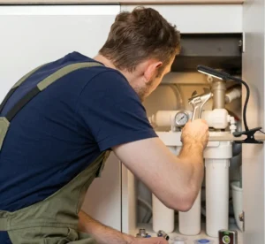 Technician performing water maintenance on an under-sink filtration system using a wrench and pressure gauge.