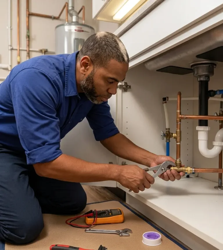 Professional plumbing technician repairing under-sink pipes with tools.