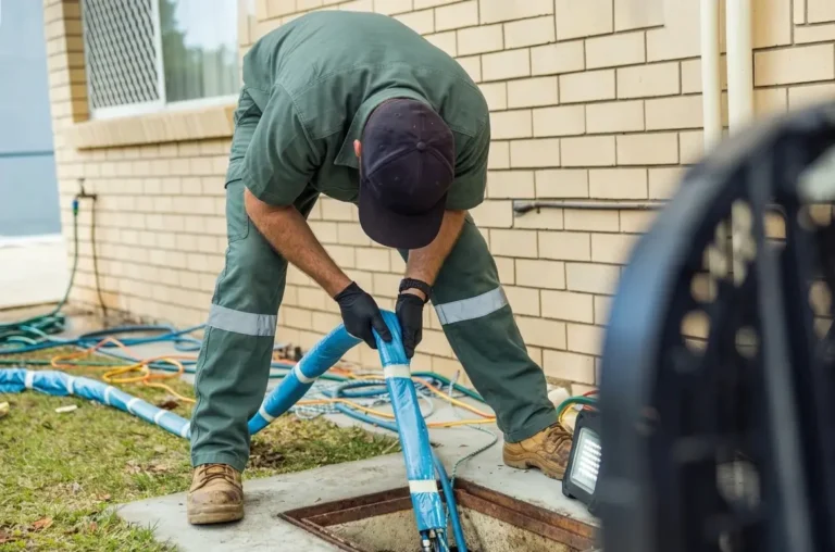 Technician installing pipe lining system in residential drain.