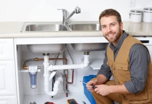 Plumber under sink showing typical cost of hiring a plumber for repairs.