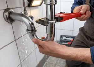 Plumber fixing pipe leak under sink with wrench.