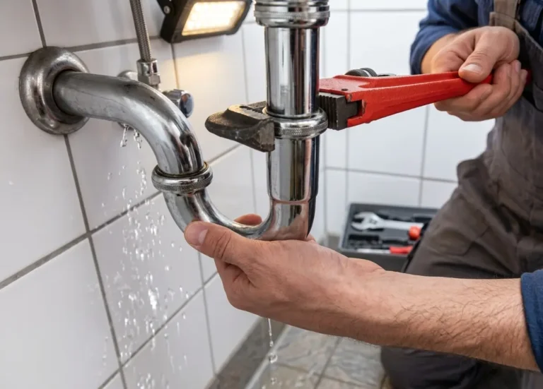 Plumber fixing pipe leak under sink with wrench.