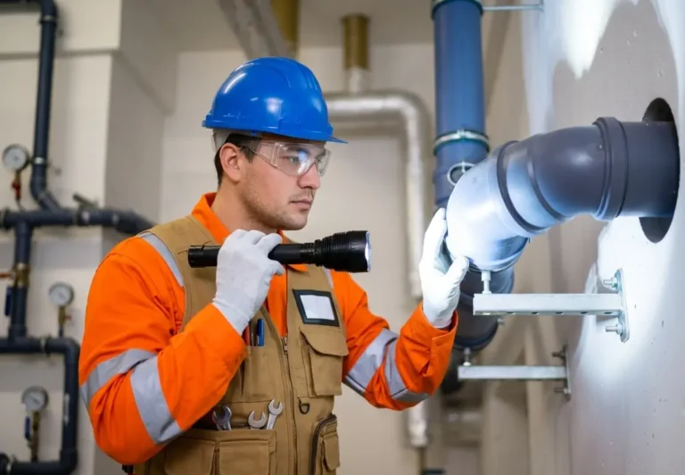 Technician inspecting plumbing pipes with flashlight for maintenance.