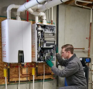 Technician servicing a tankless water heater system.