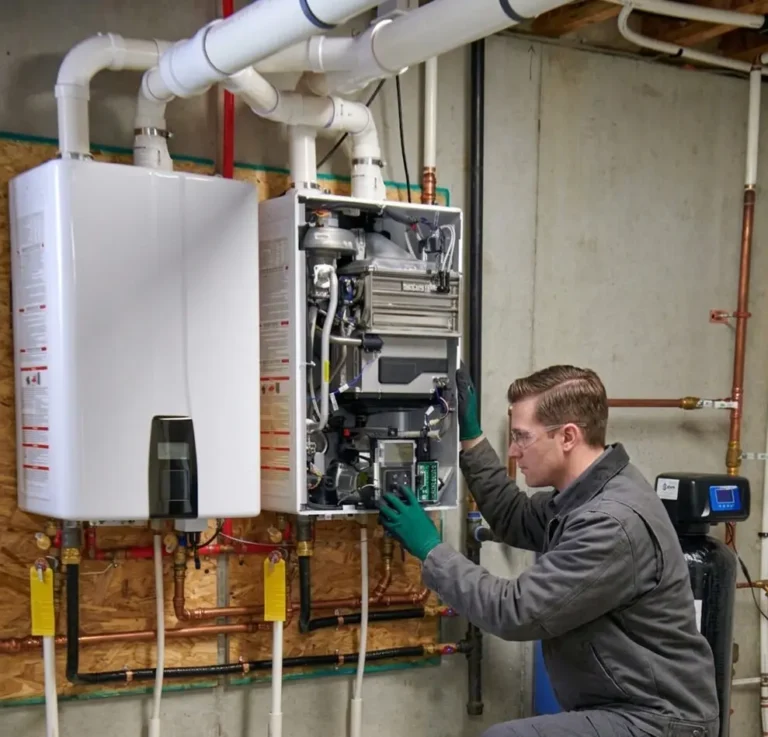 Technician servicing a tankless water heater system.