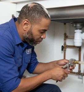 Emergency plumber fixing under-sink pipe connection with wrench.
