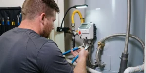 Technician repairing hot water heater during maintenance service.