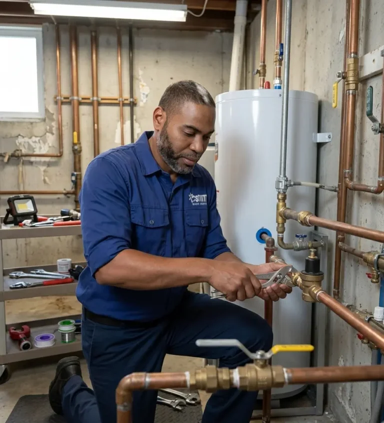 Licensed plumber repairing pipes near water heater system.