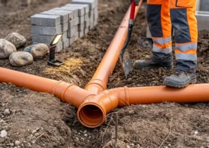 Worker installing underground sewer line plumbing system with pipes.