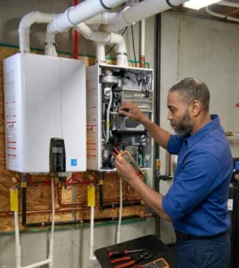 Technician repairing tankless water heater system with diagnostic tools.