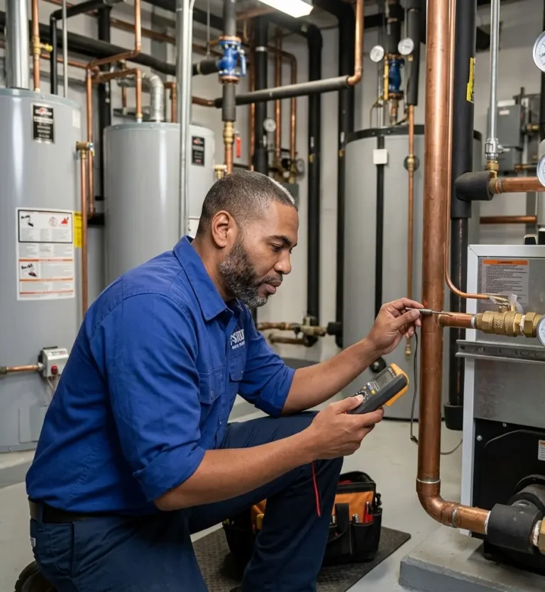 Technician inspecting water heater system and checking pipe connections.