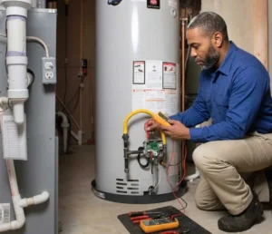 Technician performing water heater replacement and system inspection.