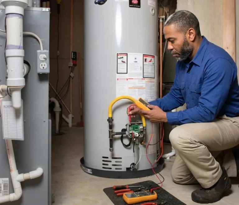 Technician performing water heater replacement and system inspection.