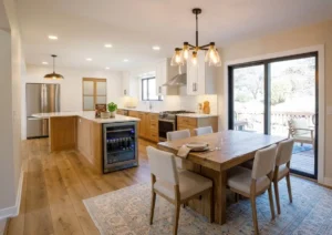 Home remodeling trends with modern kitchen renovation and construction work.