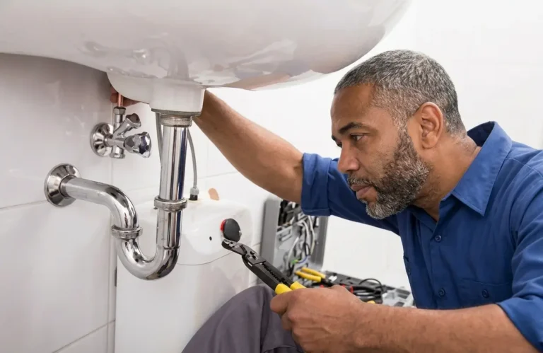 Plumber repairing pipe leak under sink using tools.