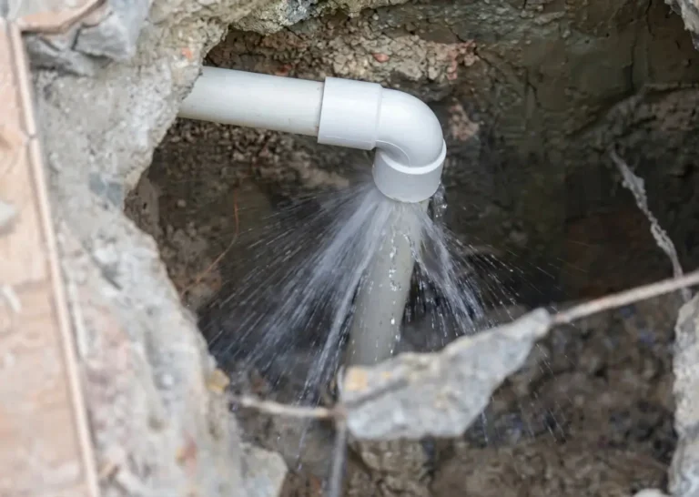Broken underground pipe exposed in damaged concrete area.