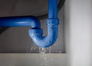 Leaking pipe under sink causing water drip and damage.