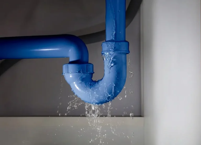 Leaking pipe under sink causing water drip and damage.