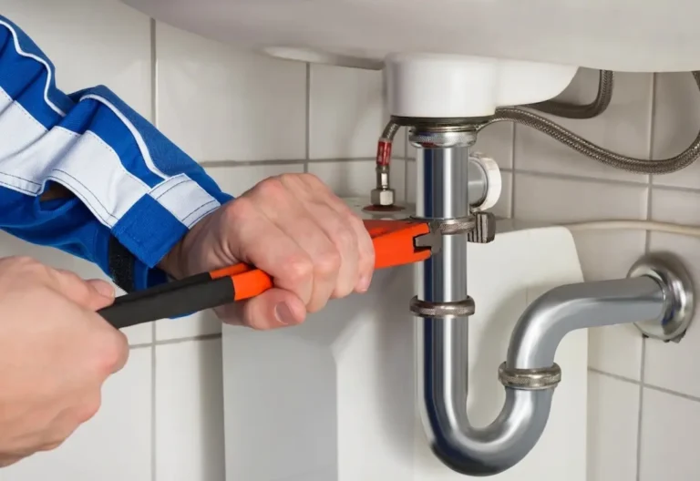 Residential plumbing repair under sink using wrench on pipe connection.