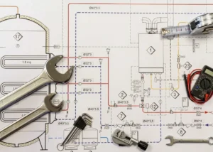 Residential plumbing guide with tools and pipe layout diagram.