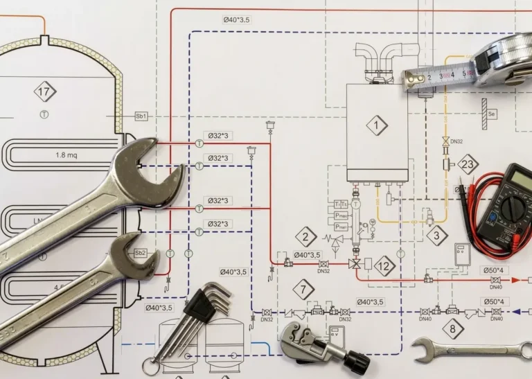 Residential plumbing guide with tools and pipe layout diagram.