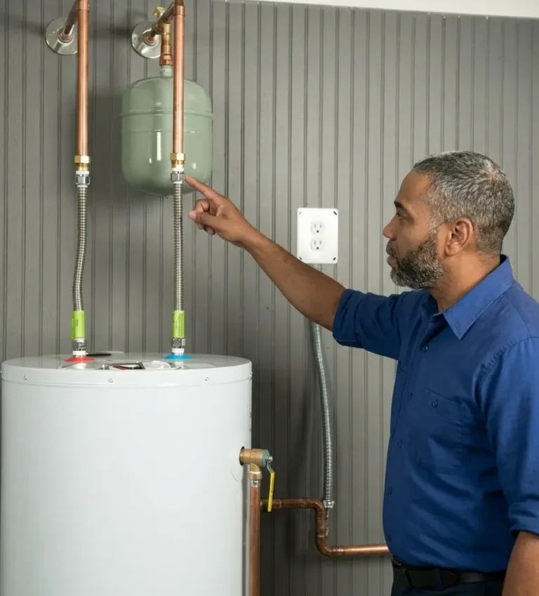 Technician inspecting water heater leaks and checking pipe connections.